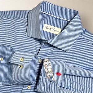 Robert Graham Mens Blue White Striped Cotton Dress Shirt Paisley Flip Cuff M